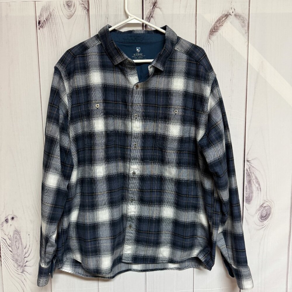 KÜHL Men’s The Law Flannel XXL Navy Plaid Button Up‎ EUC